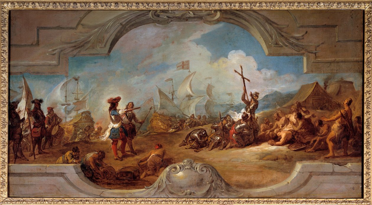 Cristóvão Colombo na América (projeto de pintura no teto). 1492. Pintura de Jean Francois De Troy (1679-1752) de Jean François de Troy
