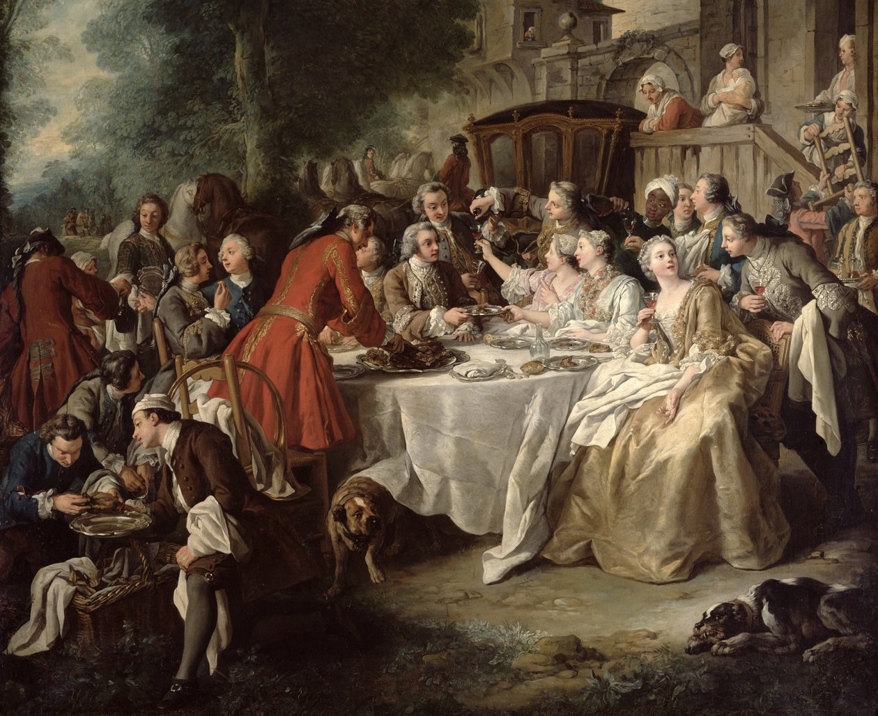 The Hunt Lunch, detalhe dos comensais, 1737 de Jean François de Troy