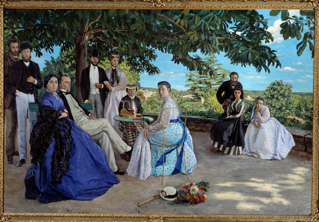 Encontro familiar: retrato de uma família burguesa francesa reunida em um jardim. Da esquerda para a direita: Jean Frederic Bazille, seu tio Monsieur des Hours, sua mãe e seu pai, sua prima Pauline e seu marido Monsieur Teulon, sua tia Madame des Hours e de Jean Frederic Bazille