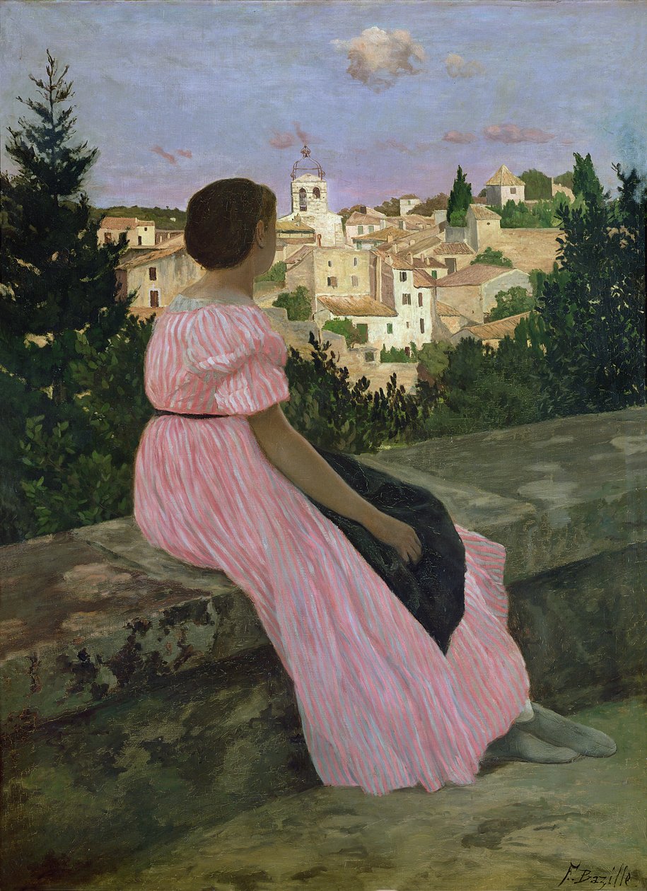 O vestido rosa, ou vista de Castelnau-le-Lez, Herault, 1864 de Jean Frederic Bazille