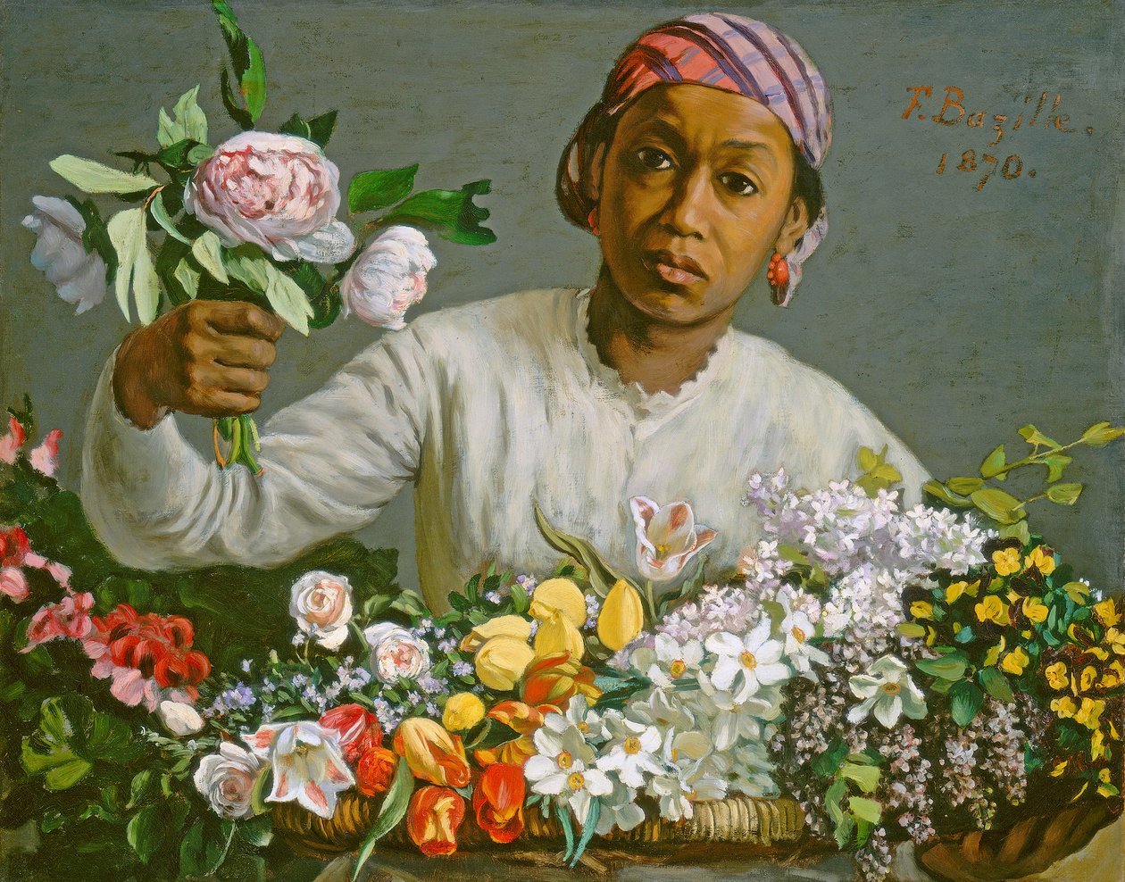 Jovem mulher com peônias, 1870 de Jean Frederic Bazille
