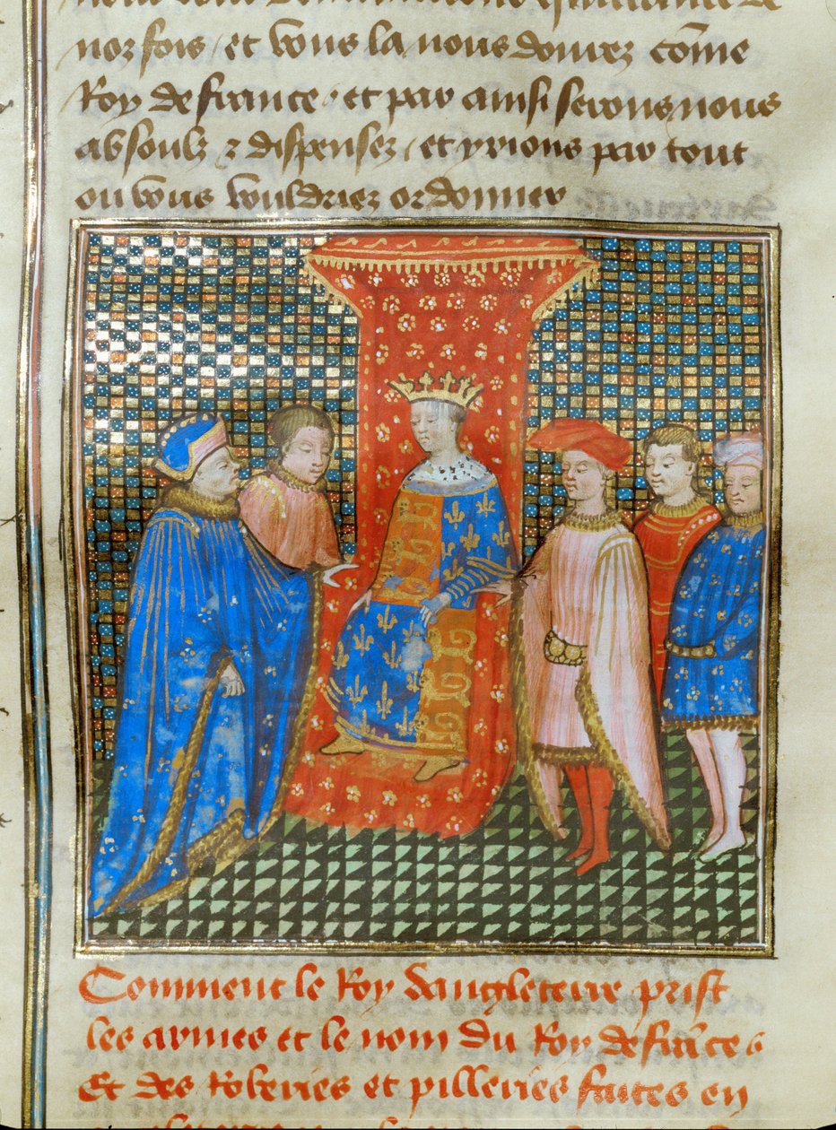O rei inglês Eduardo III no seu trono, vestido com uma túnica com emblemas ingleses e franceses, ouve um discurso de Roberto de Artois ... de Jean Froissart