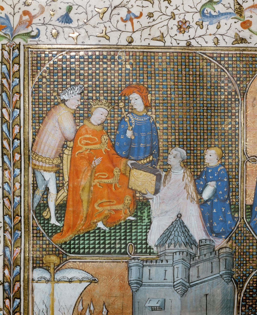 O historiador Froissart, de joelhos e em trajes clericais, apresenta as suas Crónicas da Guerra dos Cem Anos a Eduardo III ... de Jean Froissart