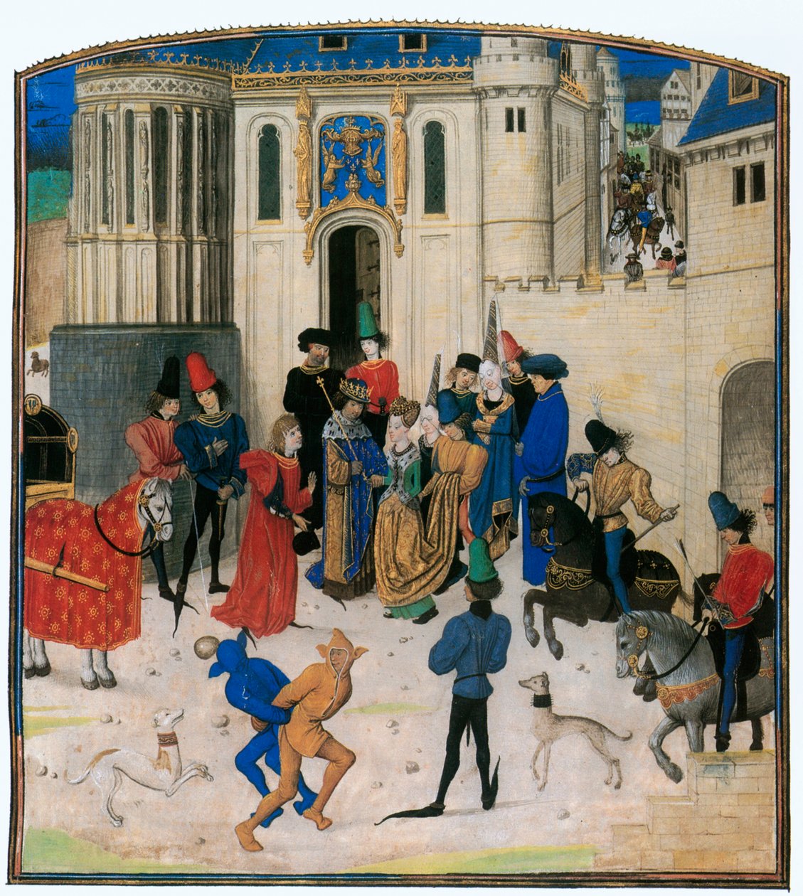 À porta da Porte St. Denis, o rei Carlos VI de França cumprimenta a sua rainha Isabel da Baviera ... de Jean Froissart