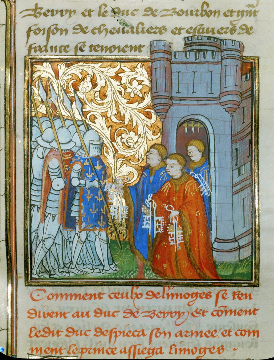 Três magistrados de Limoges, em trajes de cerimónia, entregam as chaves da cidade ao Duque de Berry ... de Jean Froissart