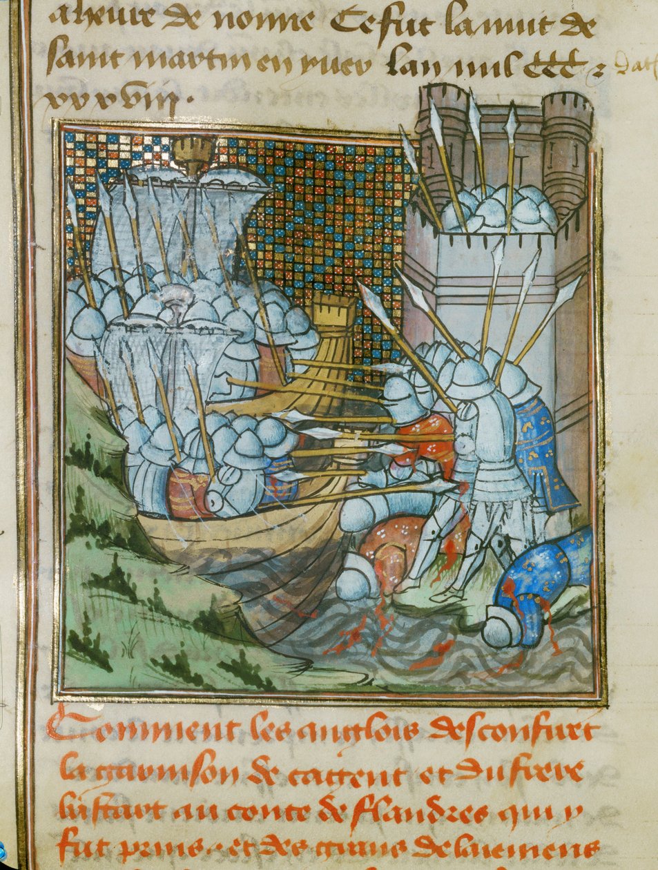Dois navios ingleses com soldados com armaduras e lanças atacando o porto de Cadsand na Flandres ... de Jean Froissart