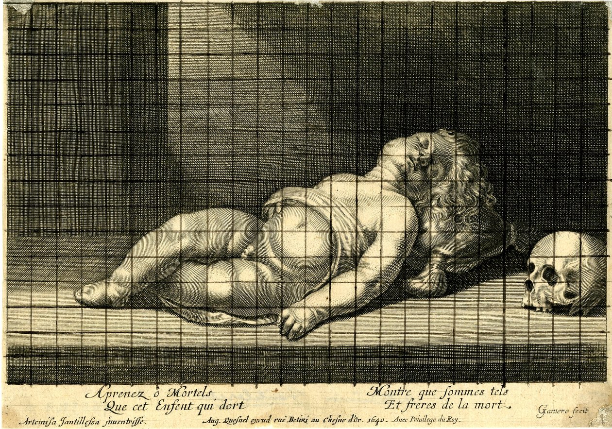 Jean Ganière - Criança a dormir com a cabeça apoiada numa almofada; crânio à direita. 1640 de Jean Ganière