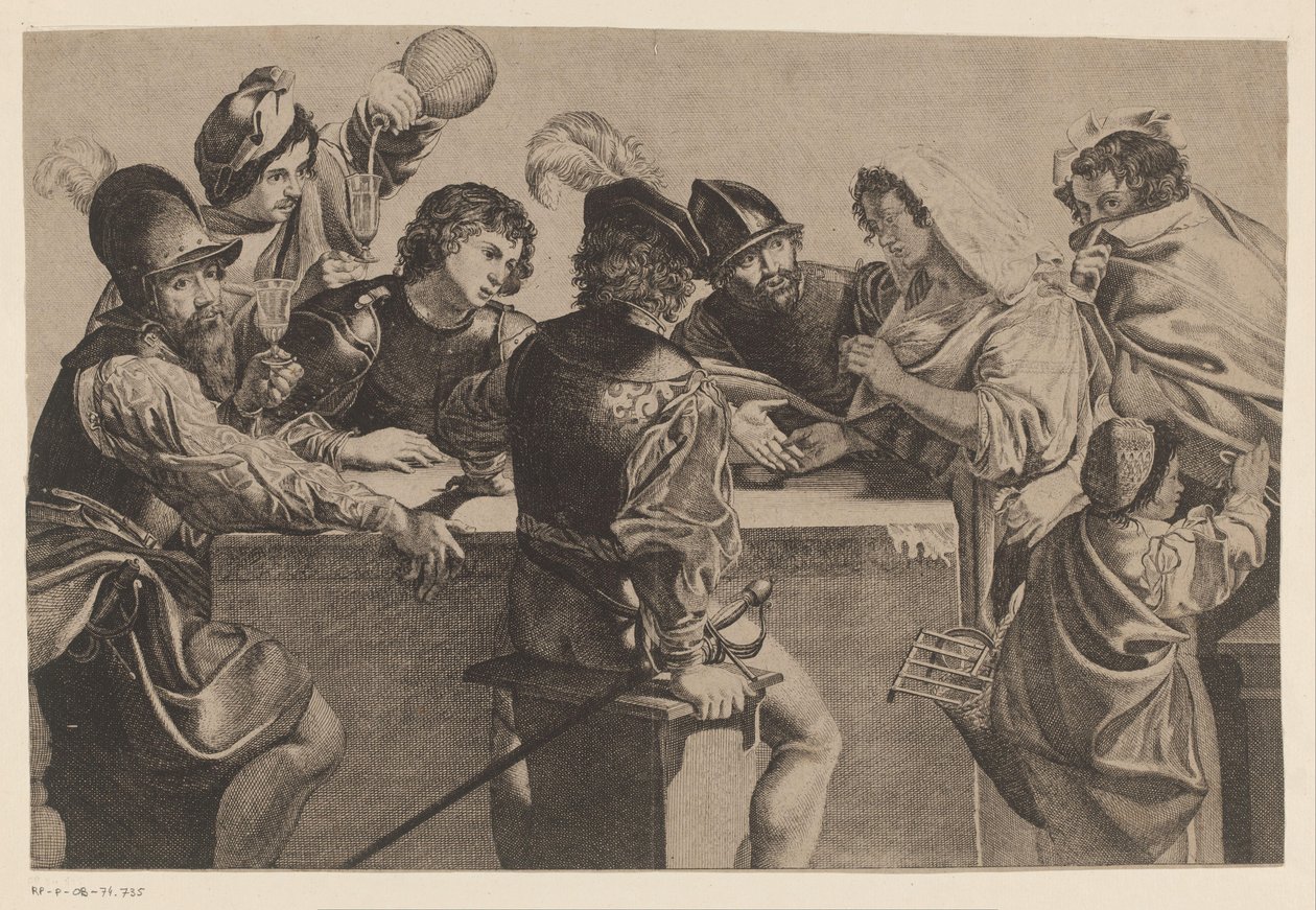 Cartomante e soldados em torno de um bloco de mesa de Jean Ganière
