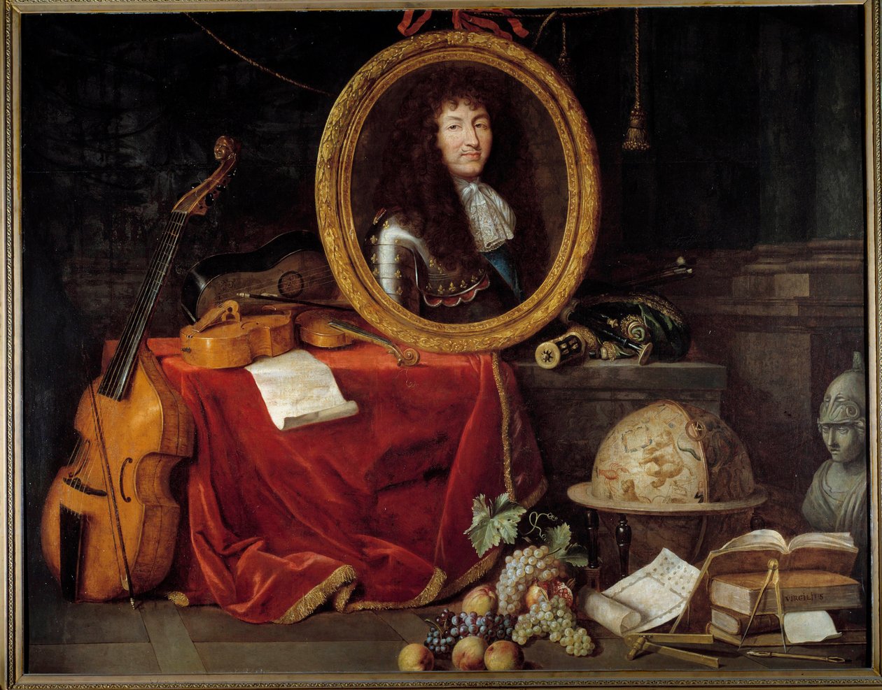 Retrato de Luís XIV Rei de França (1638-1715), Protector das Artes e das Ciências O retrato do rei é rodeado por instrumentos musicais (viola de gamba, violino) e instrumentos científicos (quadrado, globo celeste, compasso). Pintura de Jean Ga de Jean Garnier