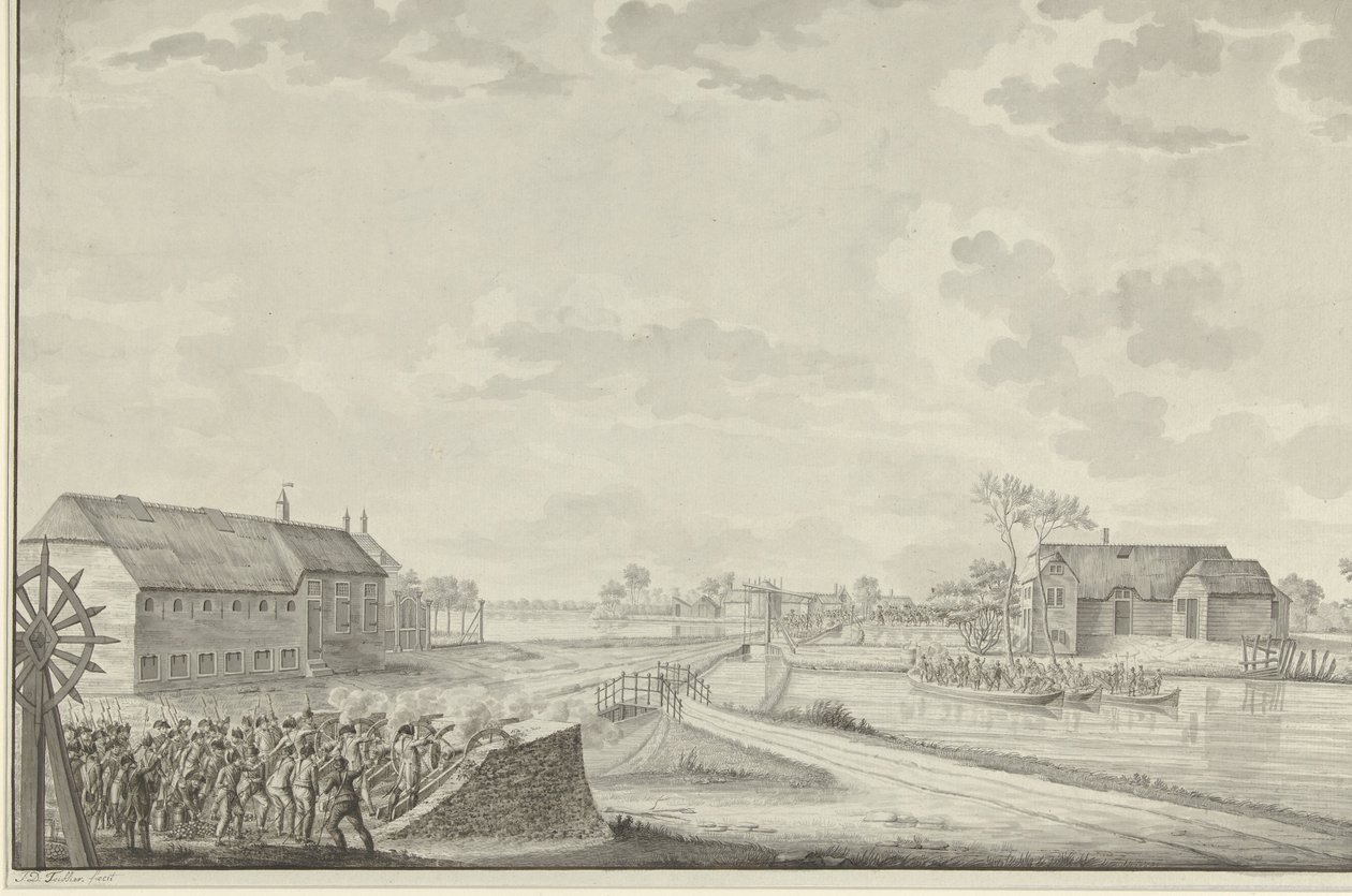 Ataque dos Prussianos sob o Coronel Van Borstel na ponte Duivendrecht, 1 de Outubro de 1787 de Jean George Teissier (signed by artist)