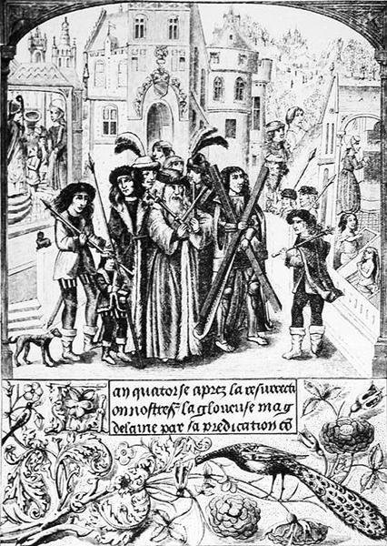 Fable Origem da Borgonha Cruz, Etienne, um lendário rei da Borgonha faz uma peregrinação a São Victor de Marselha, a quem ele carregou a Cruz de Santo André, por gratidão a Santa Maria de Jean Georges after Huyot
