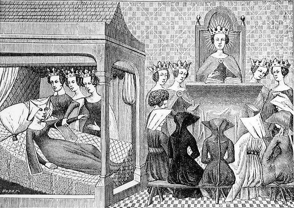 As Três Virtudes, Razão, Retidão e Justiça, exortam Christina de Pisan (c.1364-1410) a escrever um Livro de Ética para a Instrução das Senhoras, ilustração da Ciência e da Literatura no Middl de Jean Georges after Huyot