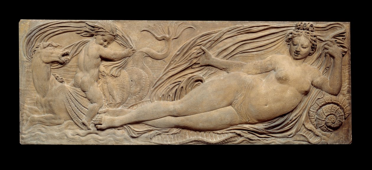 Ninfa e pequenos génios cavalgam num cavalo marinho; Ninfa e Tritão rodeados por dois pequenos génios. Baixo relevo. Escultura em pedra de Jean Goujon (1510-1567) de Jean Goujon