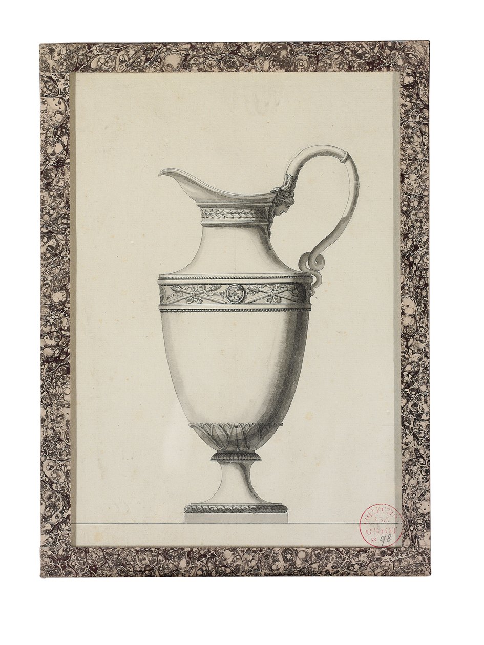 Design para um jarro com uma alça de máscara grega (chumbo preto, caneta e tinta preta, lavagem cinza e preta no papel) de Jean Guillaume Moitte
