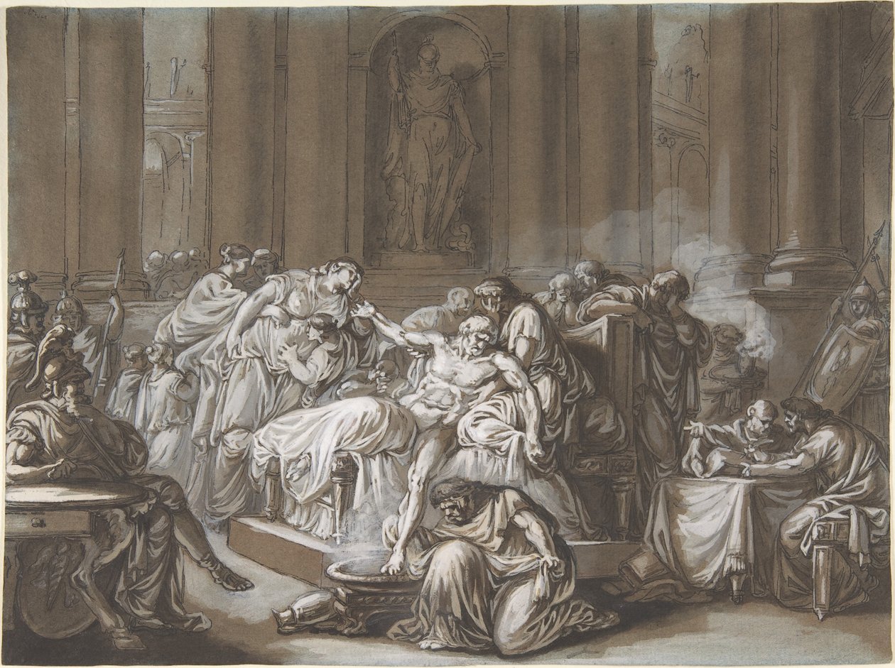 A Morte de Sêneca (caneta e tinta preta, pincel e tinta marrom, realçada com guache branco sobre papel azul) de Jean Guillaume Moitte