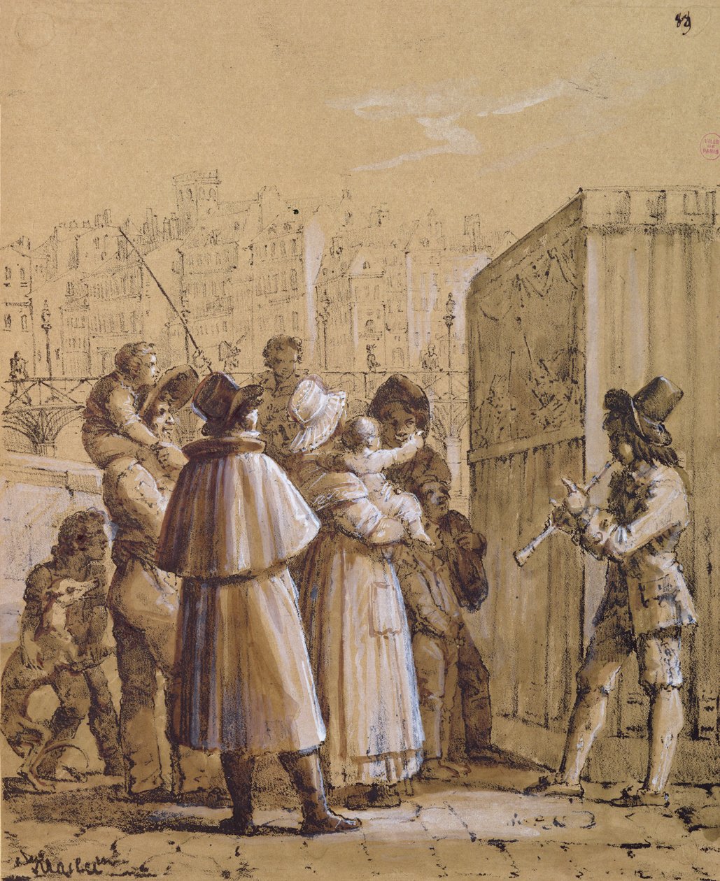 1 espectadores assistindo a um show Pulcinella perto da Pont des Arts em Paris de Jean Henri Marlet