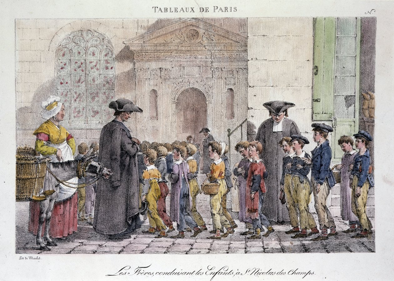 Ancien metier de rue em Paris: les freres driving the children to Saint Nicolas des Champs (Saint-Nicolas-des-Champs), Ecole catholique - Gravura de Jean Henry Marlet (1771-1847) em "Les Tableaux de Paris", série de 72 gravuras, final do século XIX de Jean Henri Marlet