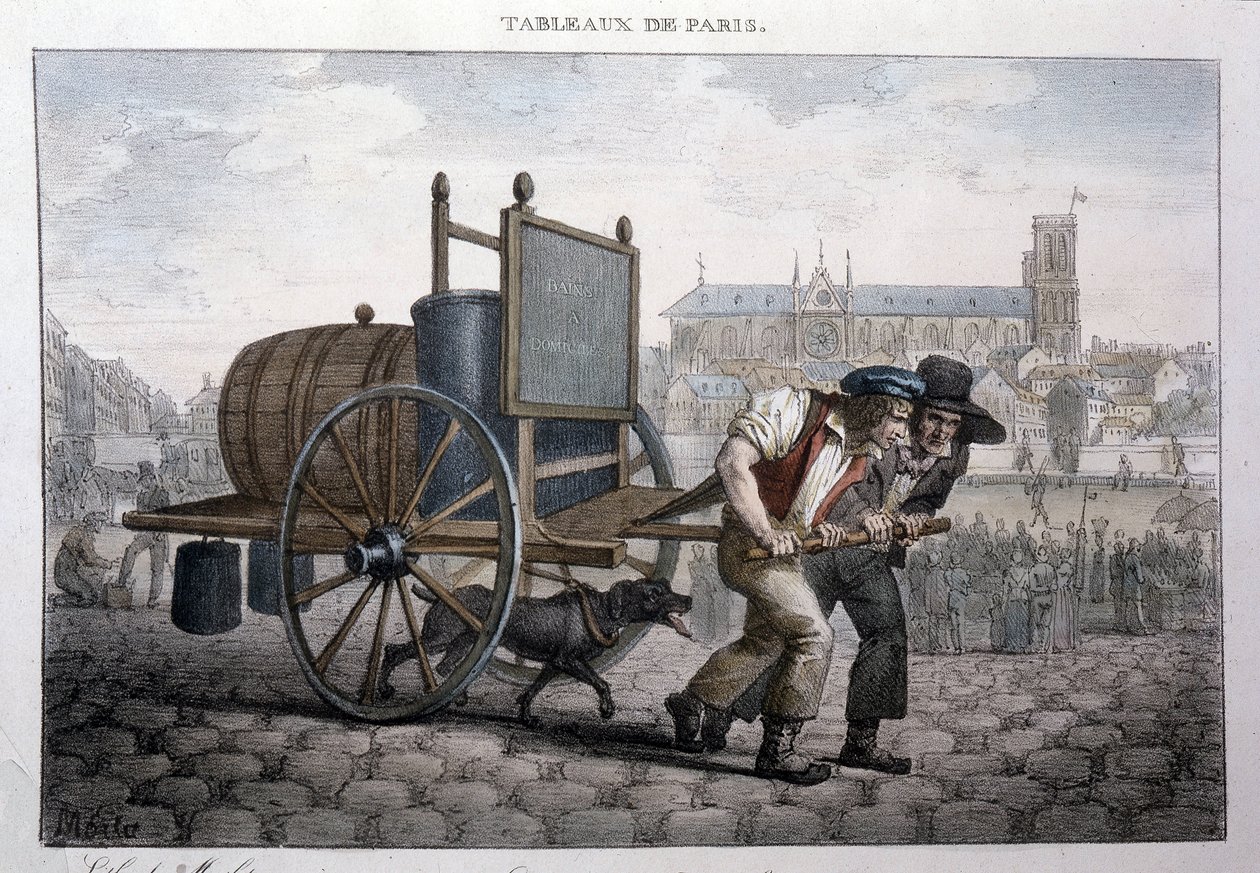 Antigo métier de rua em Paris: banho em casa (dois homens puxam um carrinho com um barril cheio de água). Gravura de Jean Henry Marlet (1771-1847) em "Les Tableaux de Paris", série de 72 gravuras, final do século XIX. de Jean Henri Marlet