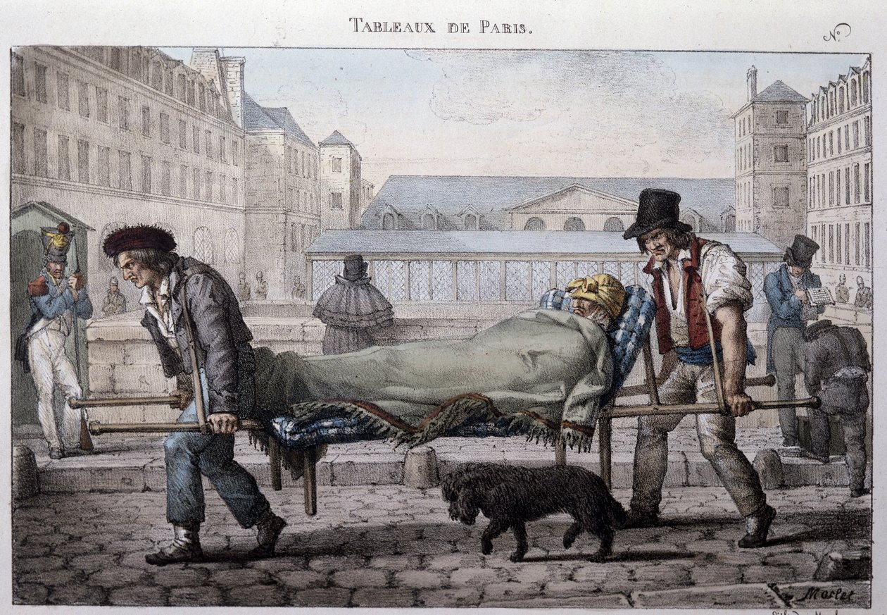 Antigo métier de rua em Paris: o pobre paciente vai para o hospital junto às macas. Gravura de Jean Henry Marlet (1771-1847) em "Les Tableaux de Paris", série de 72 gravuras, final do século XIX. de Jean Henri Marlet