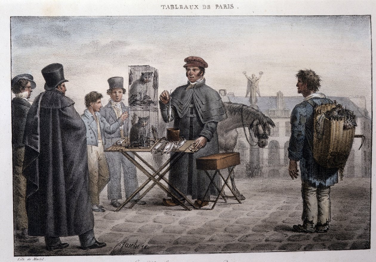 Antigo métier de rua em Paris: o mercador da morte do rato (camelot). Gravura de Jean Henry Marlet (1771-1847) em "Les Tableaux de Paris", série de 72 gravuras, finais do século XIX. de Jean Henri Marlet