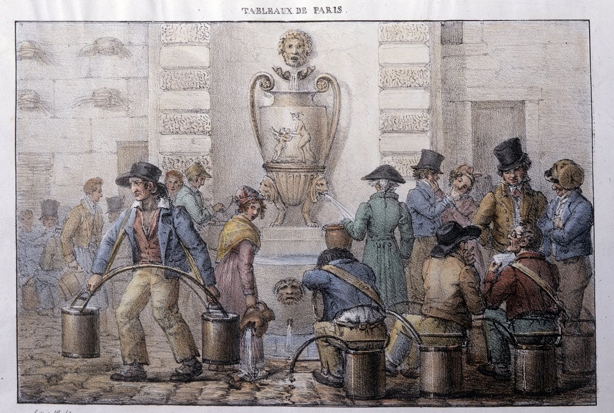 Antigo métier de rua em Paris: carregador de água em frente a uma fonte. Gravura de Jean Henry Marlet (1771-1847) em "Les Tableaux de Paris", série de 72 gravuras, final do século XIX. de Jean Henri Marlet