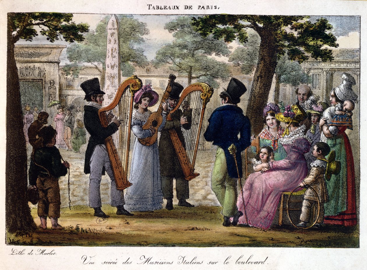 Músicos italianos que executam em um bulevar em Paris, de &39;Tableaux de Paris&39;, c.1820 de Jean Henri Marlet