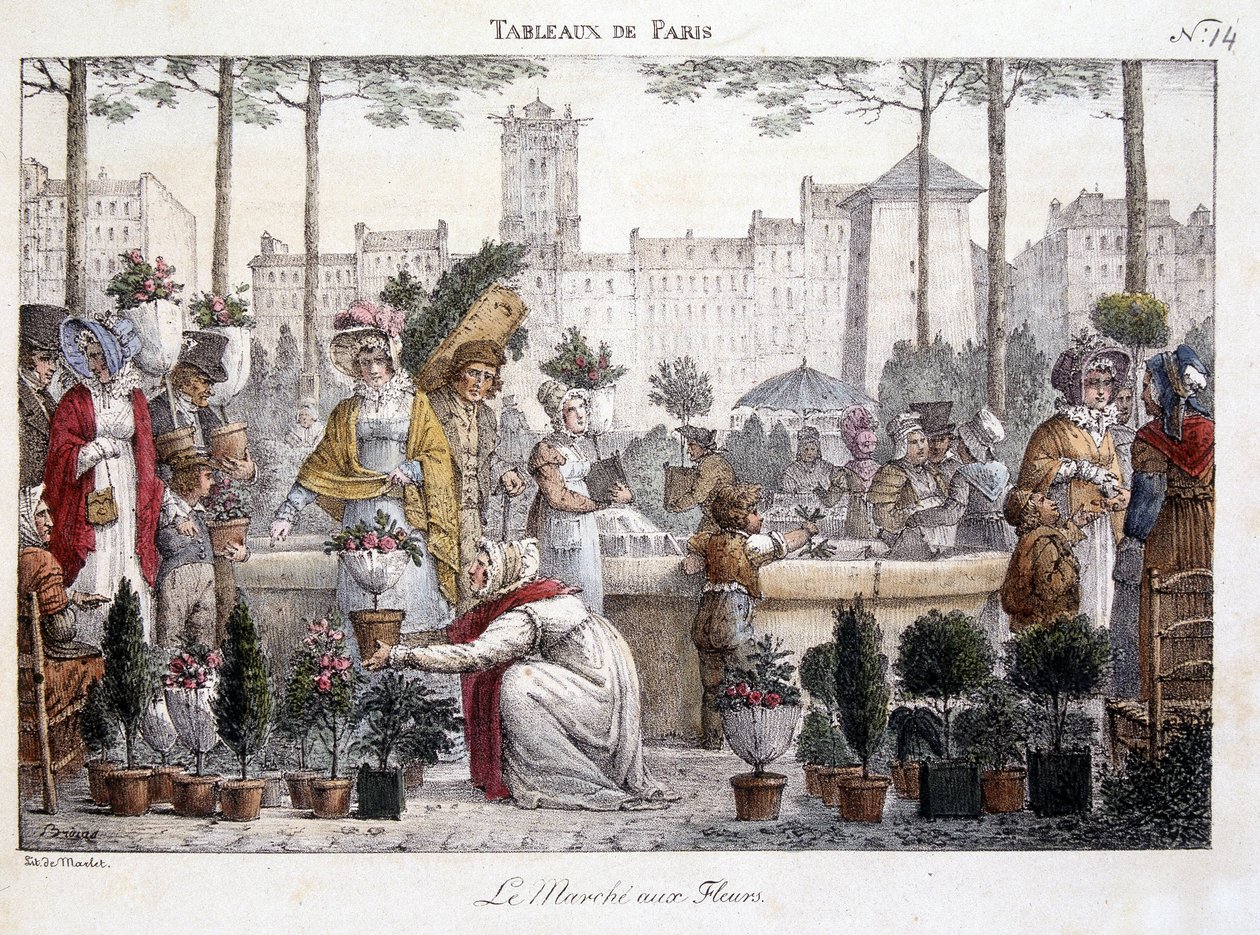 O mercado de flores - litografia de Brocas de Jean Henri Marlet