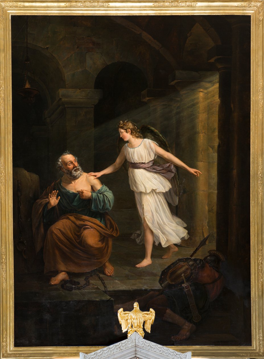 Igreja paroquial (Nederbrakel, Igreja Paroquial Sint-Pieter-in-de-Banden). Interior. quadro. "São Pedro entregue pelo anjo e Tomé". Jean-Henri DeCoene. cerca de 1835. de Jean Henri de Coene