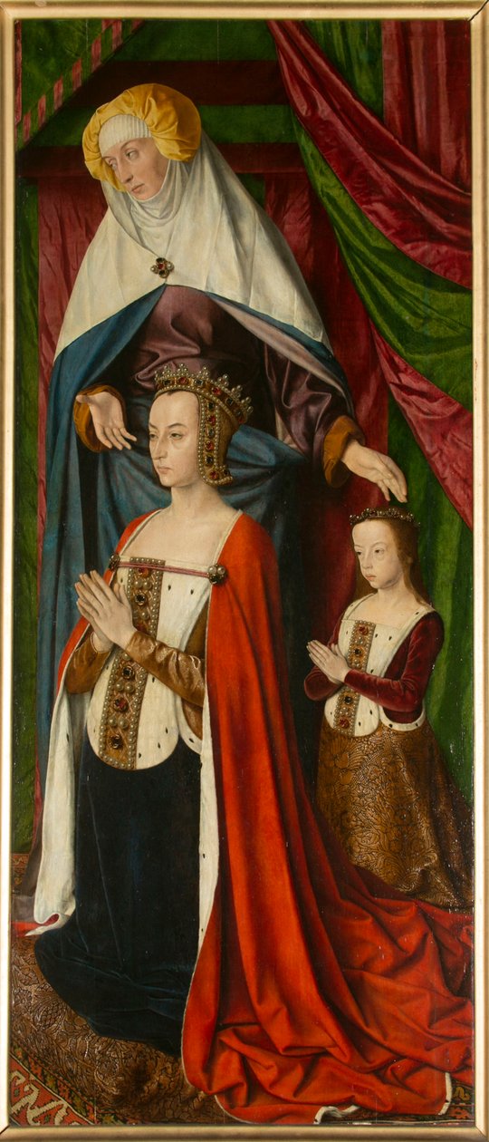 Anne de Beaujeu e sua filha Suzanne, com Sainte Anne, detalhe. Tríptico do mestre de Moulins de Jean Hey