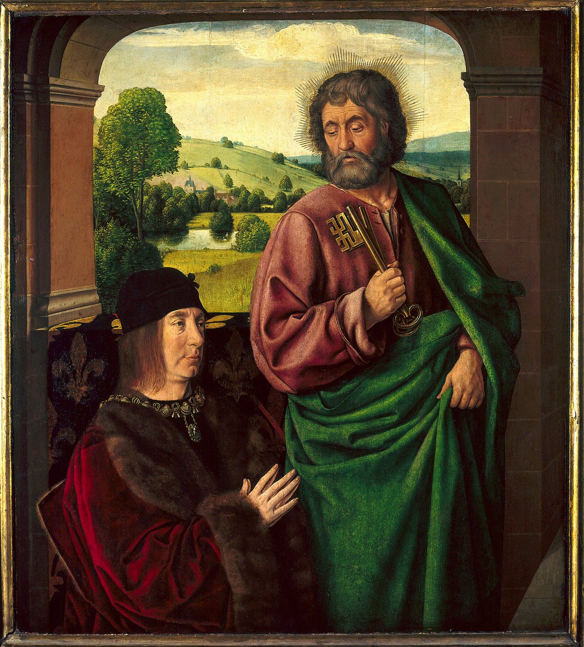 Retrato de Pierre II de Beaujeu, Duque de Bourbon (1439-1505) Apresentado por Saint Pierre Pintura de Maitre de Moulins ou Jean Hey (1450-1505). Sol 0,73 X 0,65 m de Jean Hey