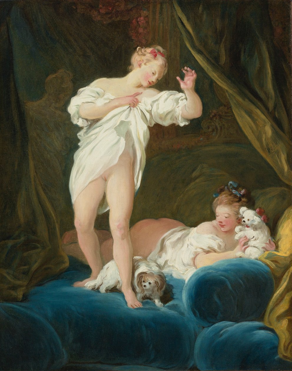 Duas raparigas numa cama a brincar com os seus cães de Jean Honore Fragonard