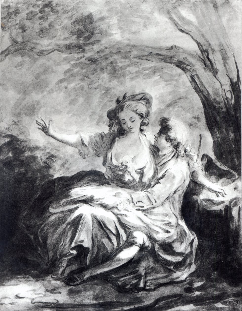Um lugar de encontro para o amor (sépia no papel) de Jean Honore Fragonard