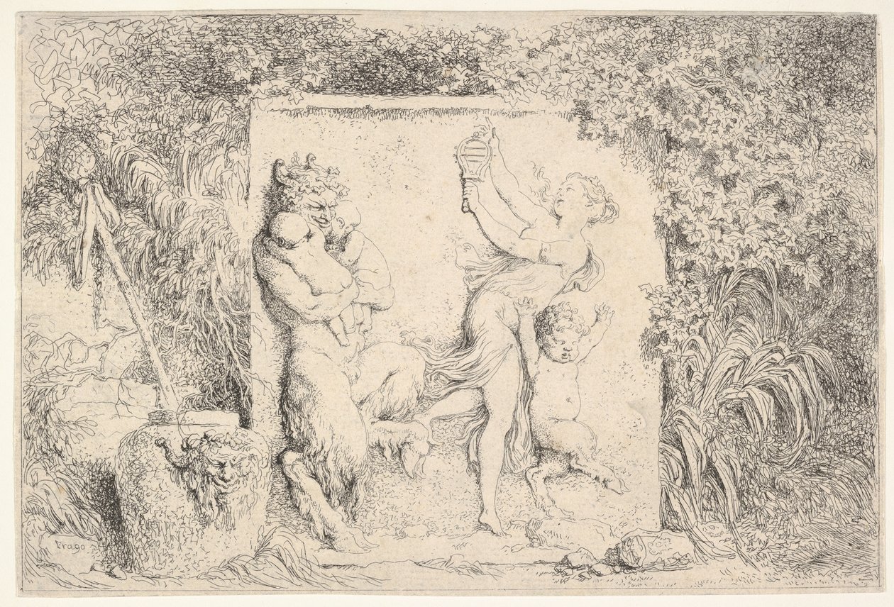 Um baixo-relevo representando um sátiro à esquerda segurando dois bebês, outra criança sátiro à direita ..., 1763. de Jean Honore Fragonard