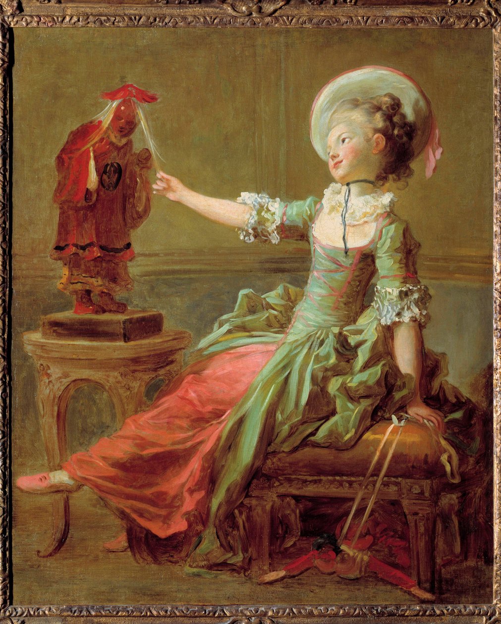Uma rapariga diverte-se com uma estátua chinesa a puxar o cabelo. Pintura de Jean Honore Fragonard (1732-1806) Coleção particular do século XVIII de Jean Honore Fragonard