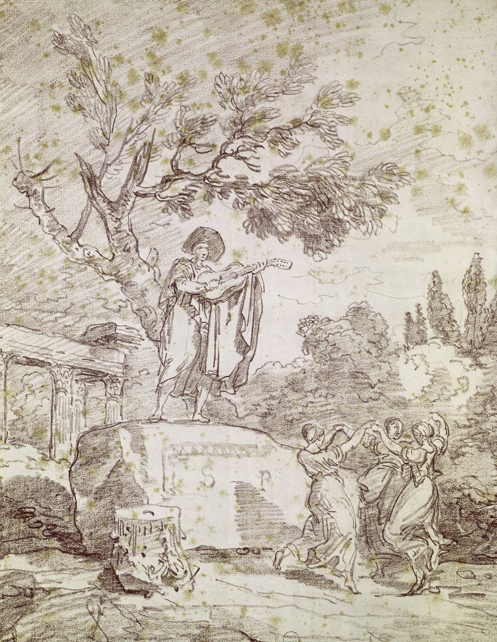 Um guitarrista italiano tocando para três meninas dançando (giz vermelho sobre papel) de Jean Honore Fragonard