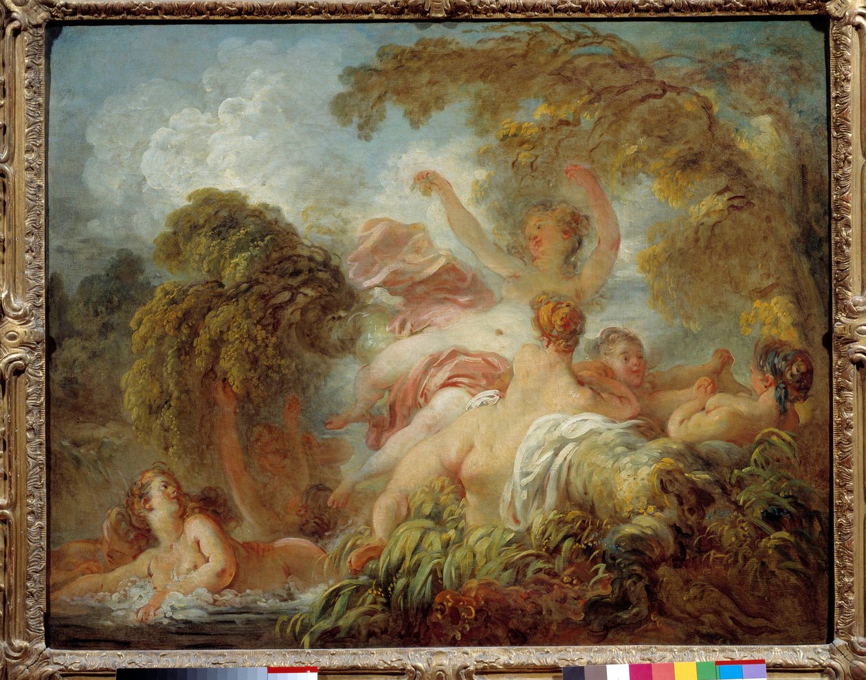 Grupo de pais de mulheres jovens nuas a tomar banho. Pintura de Jean Honore Fragonard (1732-1806) Sol do século XVIII. 0,64x0,8 m de Jean Honore Fragonard