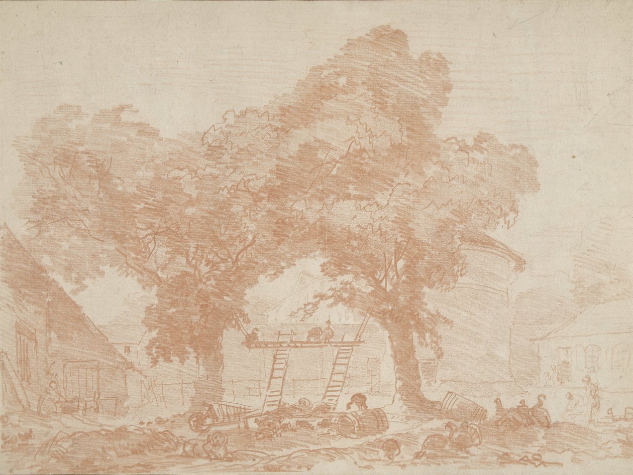 Estaleiro com duas árvores, entre as quais estão escadas de Jean Honore Fragonard