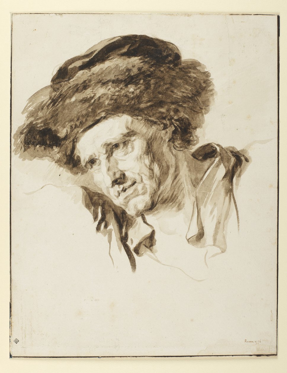 Cabeça de um homem vestindo um boné de pele, 1774 (caneta e tinta, lavagem e grafite no papel) de Jean Honore Fragonard