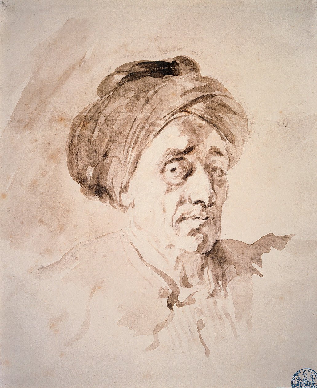 Cabeça com um turbante Drawing na lavagem por Jean Honore Fragonard (1732-1806). Besancon do século XVIII. Museu de Belas Artes de Jean Honore Fragonard