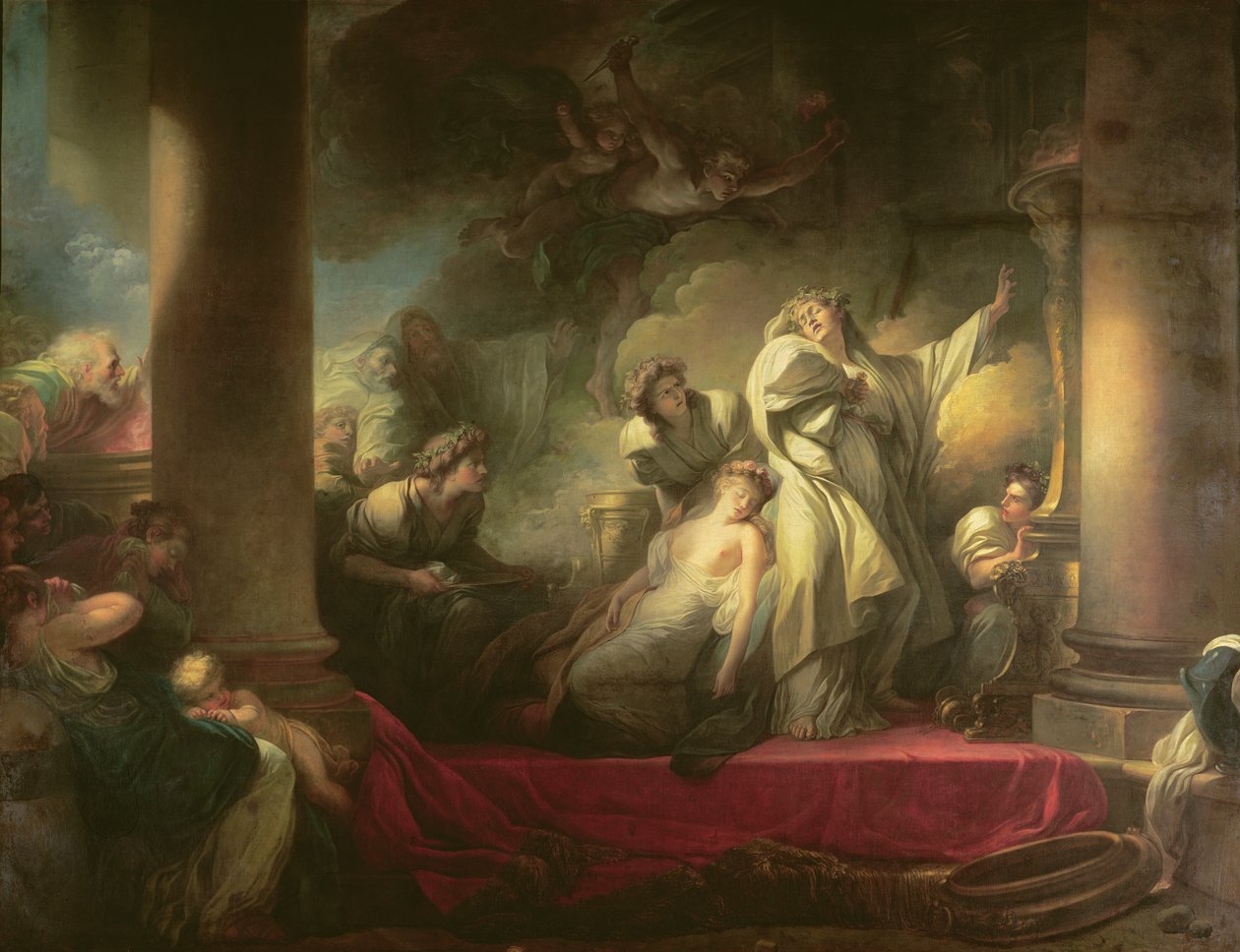 O Sumo Sacerdote Coresus Sacrifica-se a Salvar a Callirhoe, cena de &39;Descrição da Grécia&39; por Pausanias (século II dC) 1765 de Jean Honore Fragonard