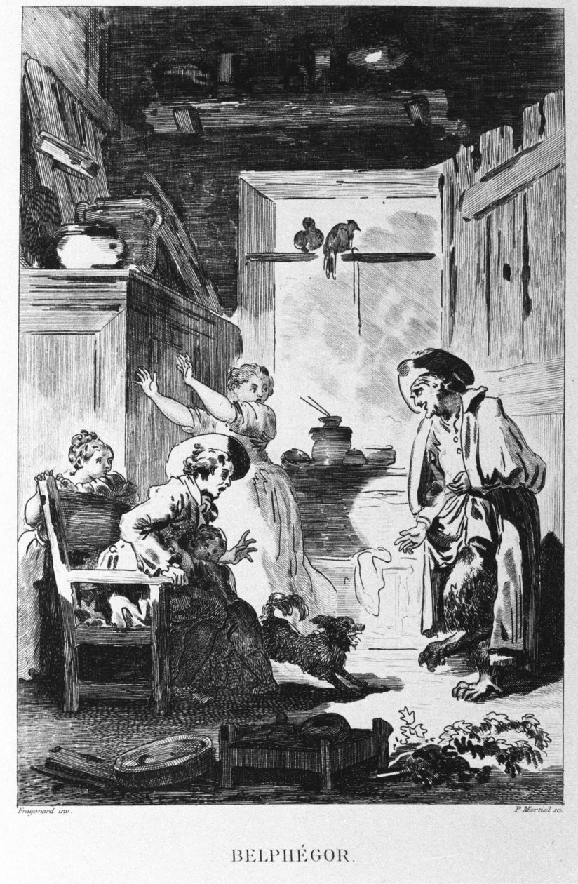 Ilustração de Jean Honore Fragonard (1732-1806) para a fábula de Jean de la Fontaine (1621-1695) "Belphegor". Gravura. de Jean Honore Fragonard