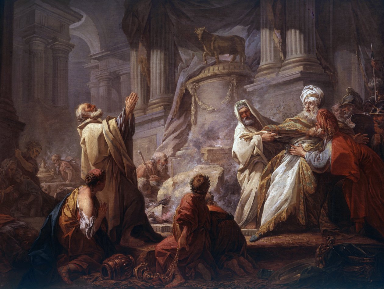 O Sacrifício de Jeroboão aos Ídolos - "O Sacrifício de Jeroboão aos Ídolos" Diante de Jeroboão, o primeiro rei de Israel, que é preso para sacrificar ao Bezerro de Ouro, está à esquerda um profeta, com as mãos erguidas ao céu para invocar o Deus de Isra de Jean Honore Fragonard