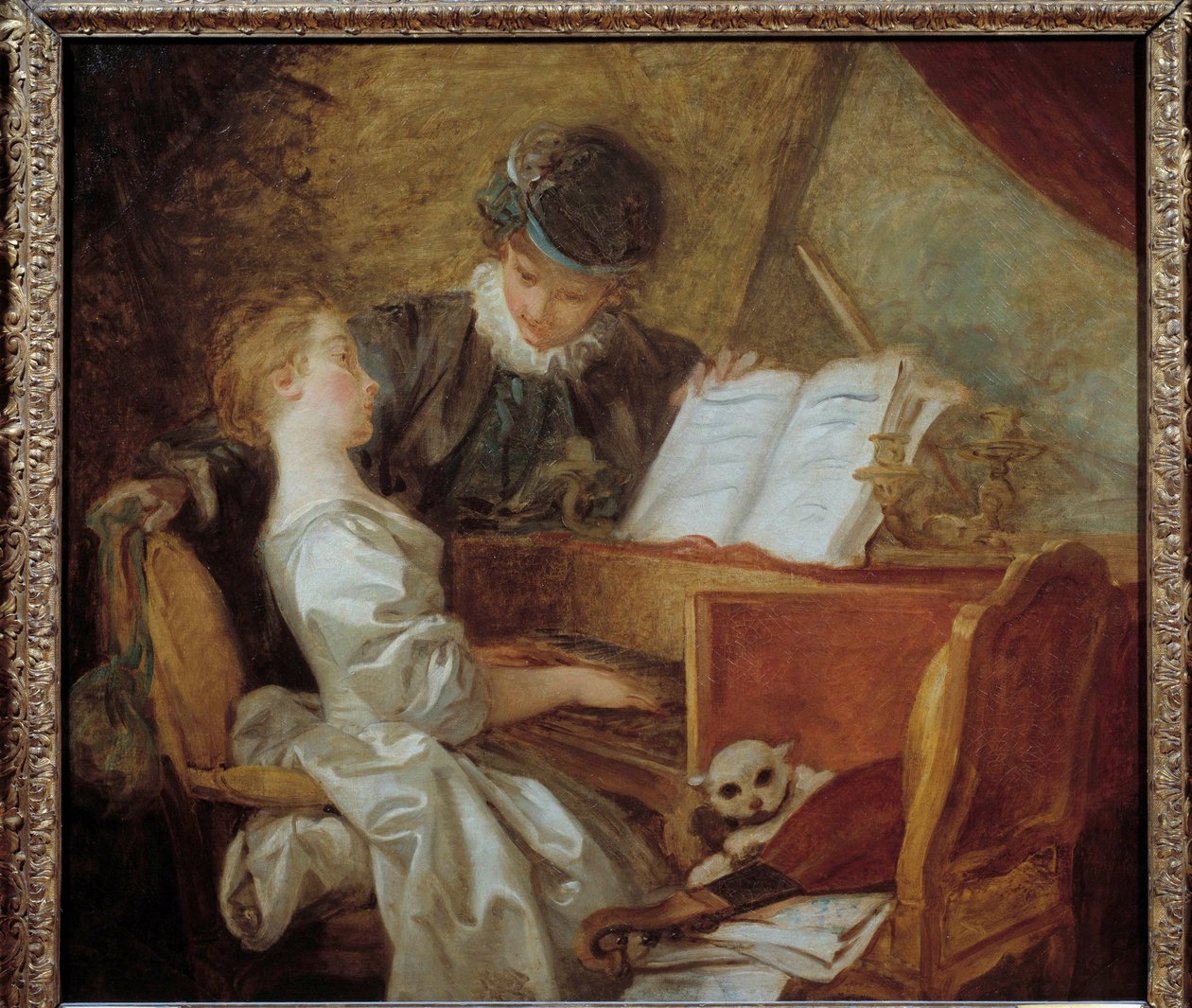La lecon de musique Painting de Jean-Honore Fragonard (1732-1806). Sol. 1,09x1,21 m. de Jean Honore Fragonard