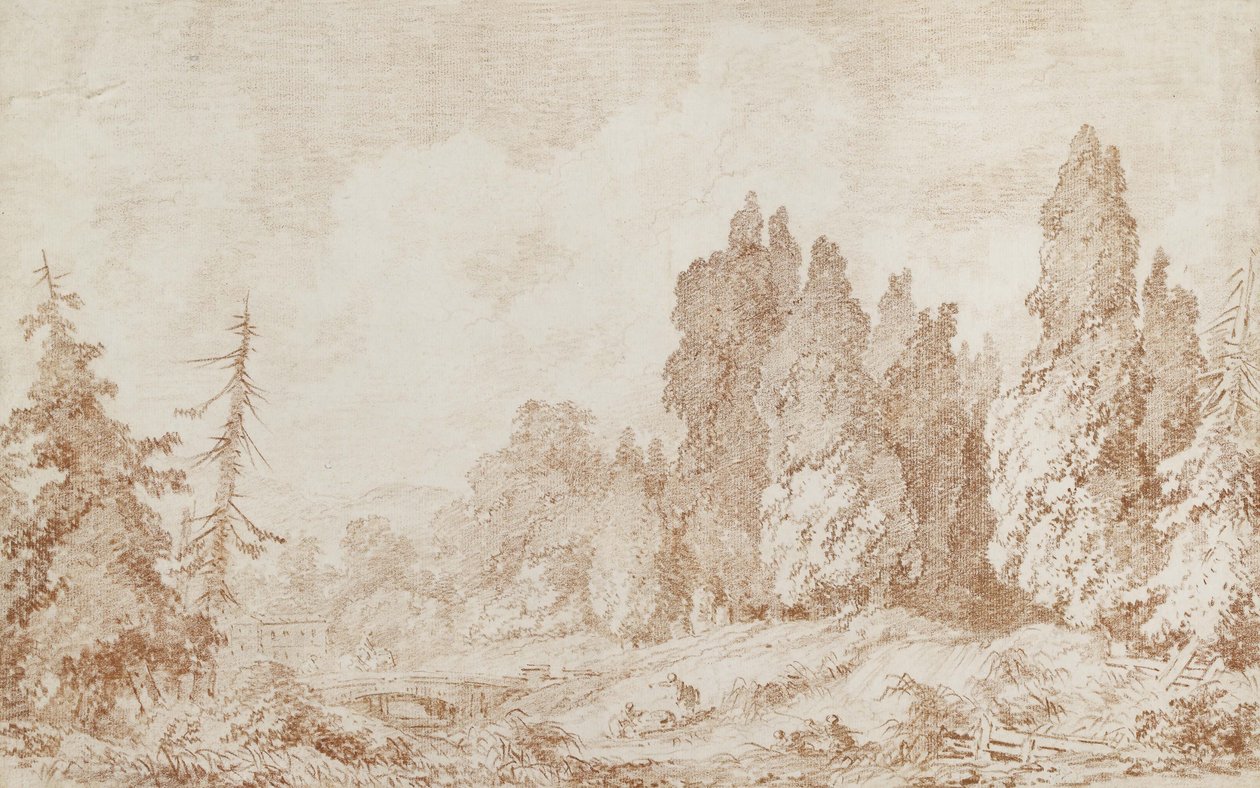 Paisagem com uma ponte, c.1760 (giz vermelho sobre papel branco) de Jean Honore Fragonard
