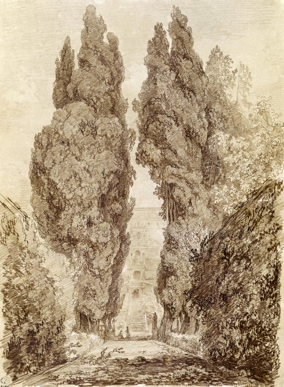Grandes ciprestes na Villa d&39;Este (giz vermelho sobre papel) de Jean Honore Fragonard