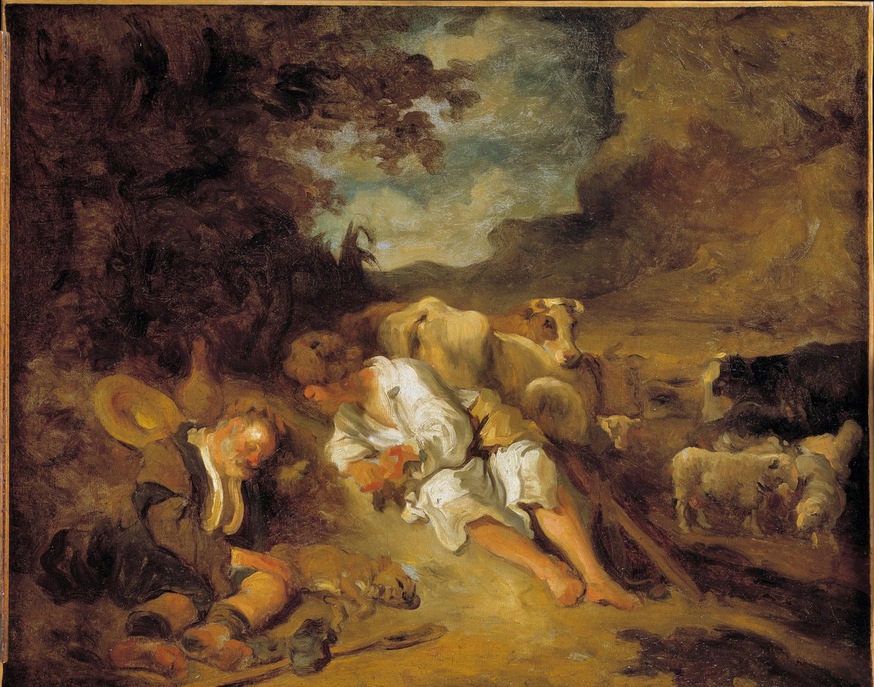Mercúrio e Argus Charge de Juno para manter Io transformado em vaca, Argus (Argos) adormeceu. Disfarçado de pastor, Mercúrio prega para matá-lo para iludir a amada ninfa de Júpiter. Pintura de Jean Honore Fragonard (1732-1806) depois de Karel Fabritius (16 de Jean Honore Fragonard