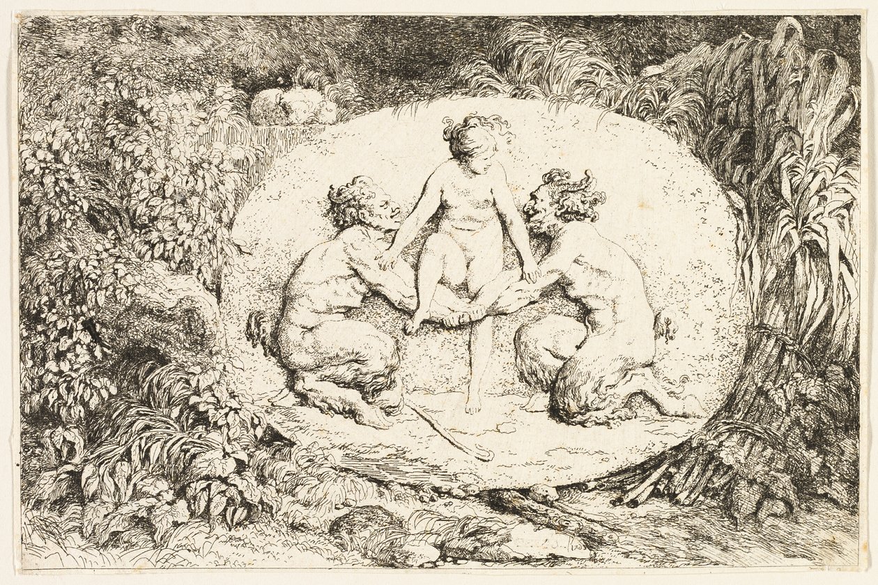 Ninfa sentada nas mãos de dois sátiros de Bacchanales, ou Jogos dos Sátiros de Jean Honore Fragonard