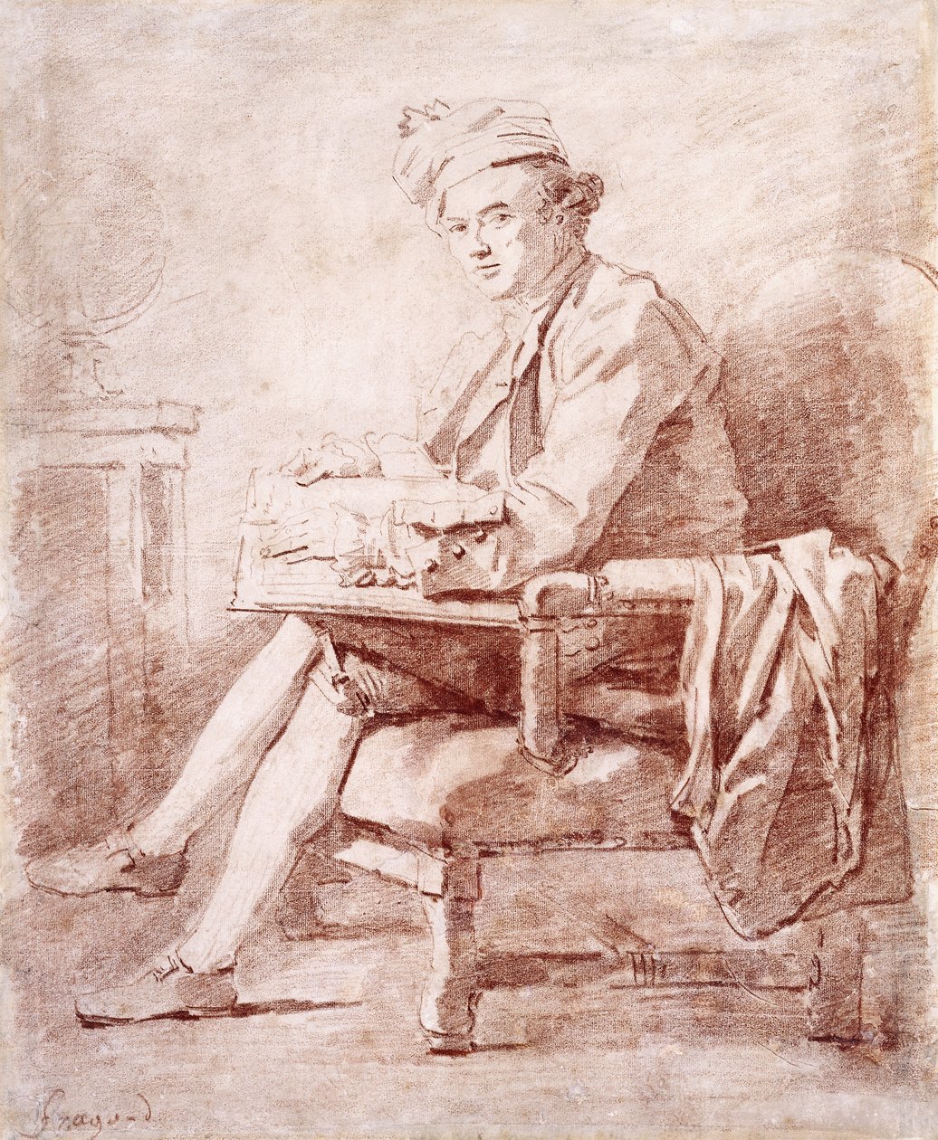 Retrato de Joseph-Jerome Le Francais de Lalande, de corpo inteiro, sentado, de perfil à esquerda, segurando um livro, um globo apoiado em uma mesa à esquerda, de Jean Honore Fragonard