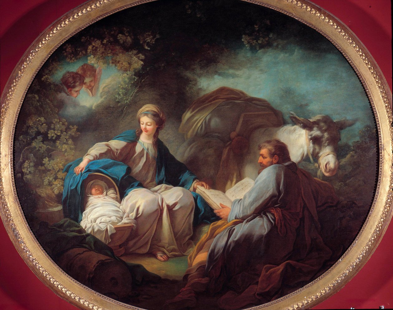Descanso durante o vôo para o Egito A santa família descansando durante a viagem. Pintura de Jean Honore Fragonard (1732-1806) Colecção privada do século XVIII de Jean Honore Fragonard
