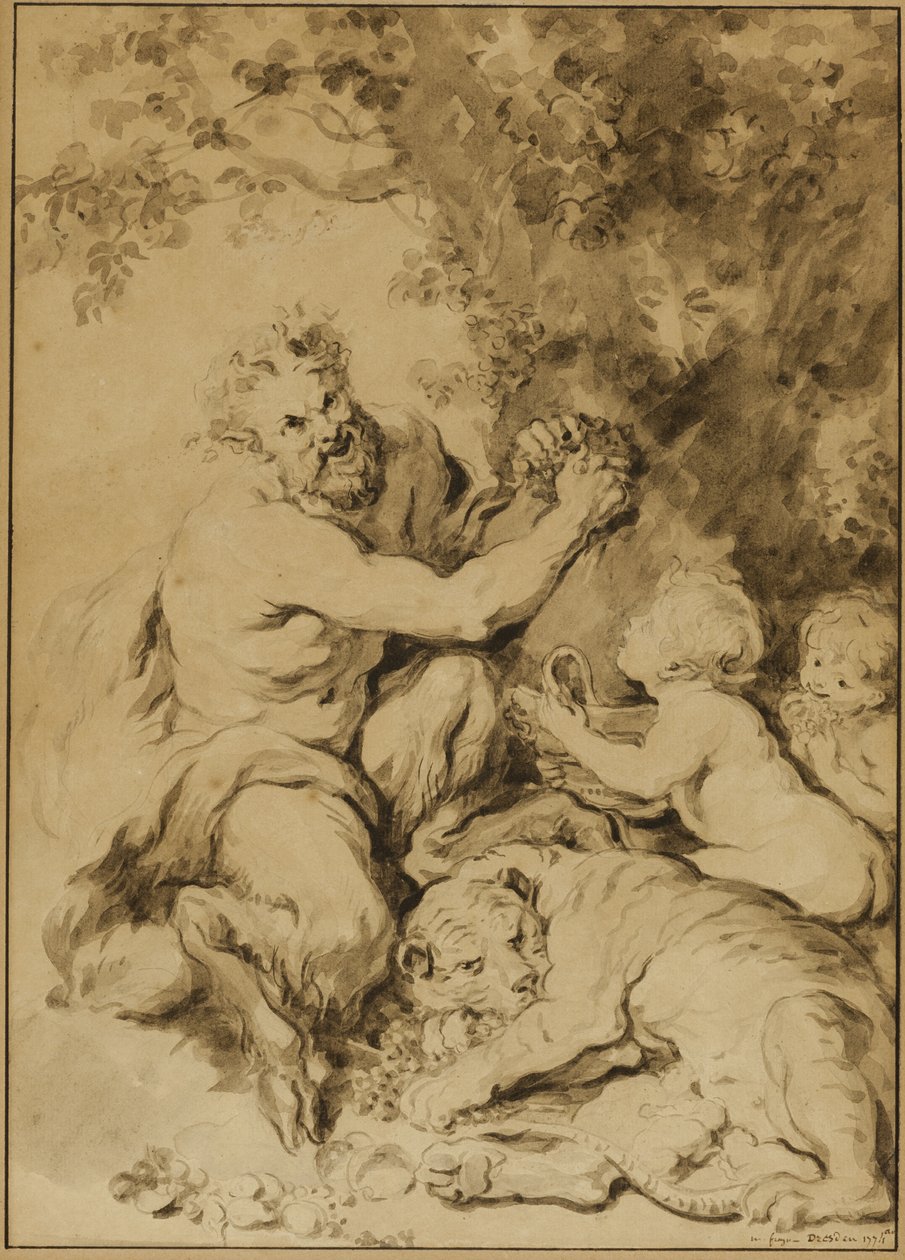 Sátiro pressionando uvas ao lado de um tigre de Jean Honore Fragonard
